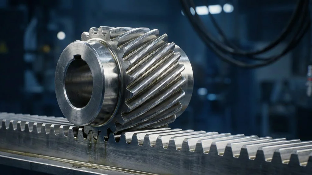 چرخ دنده شانه_ای (Rack and Pinion) با کیفیت بالا، نمایش دقت درگیری دنده_ها در سیستم انتقال قدرت صنعتی