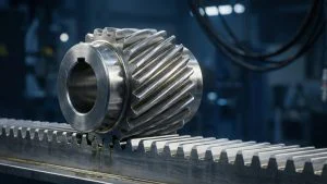 چرخ دنده شانه_ای (Rack and Pinion) با کیفیت بالا، نمایش دقت درگیری دنده_ها در سیستم انتقال قدرت صنعتی
