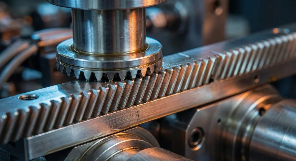 نمای نزدیک سیستم چرخ دنده شانهای مورب (Helical Rack) و پینیون در دستگاه CNC دقیق